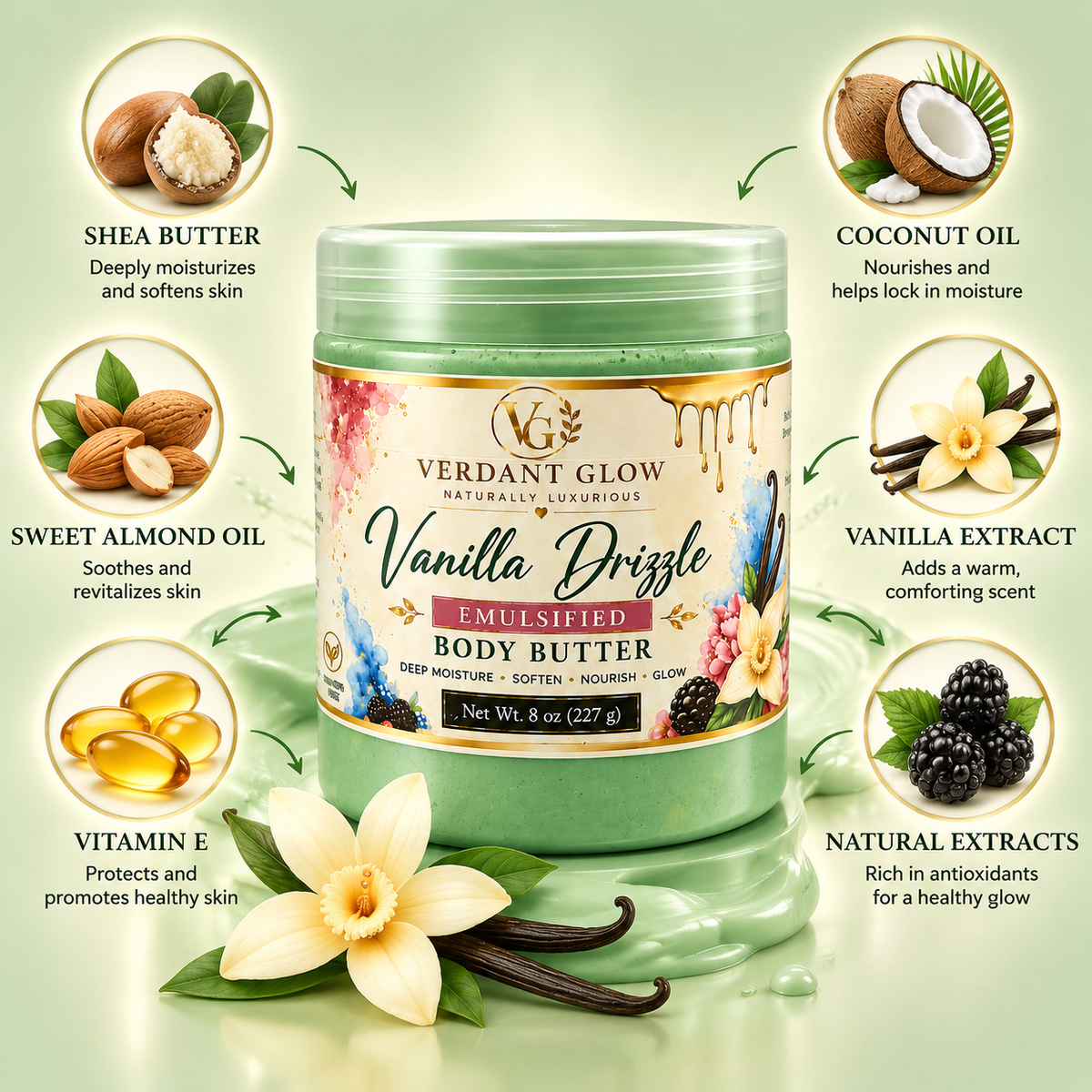 Verdant Glow Luxury Sugar Scrub – Vanilla Drizzle